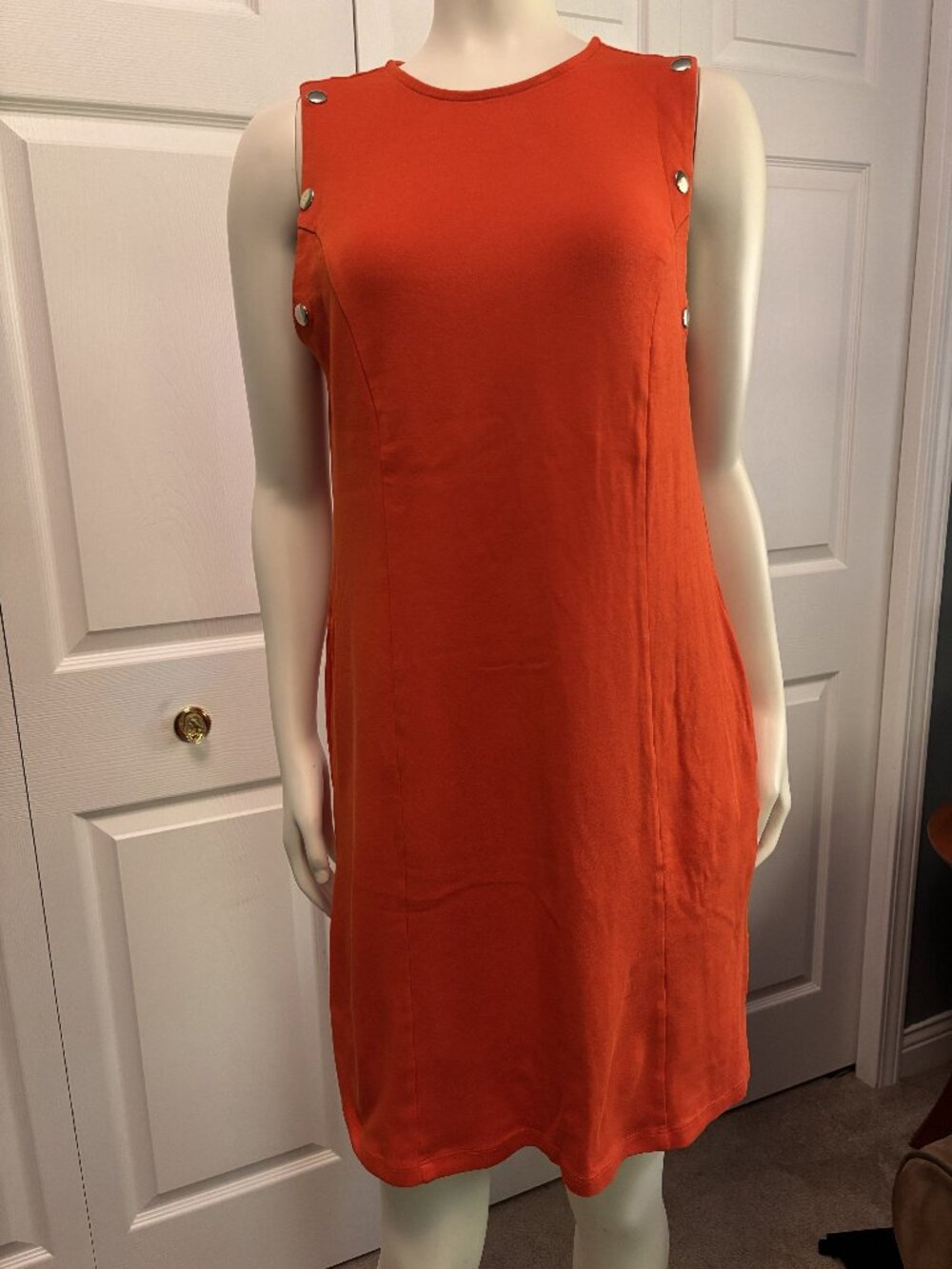 NY & Co Coral Orange Cotton Shift Dress Medium Silver Button Detail Stretch